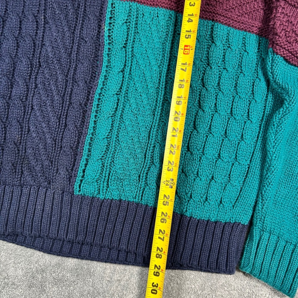 VTG Eddie Bauer Cable Knit Sweater Colorblock Navy Teal Burgundy Men XL Made USA - Picture 11 of 13